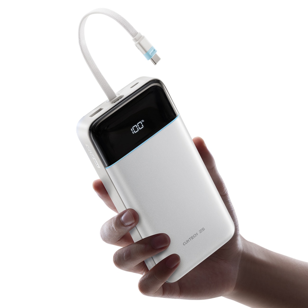 Cuktech LPB252N 120 W 25.000 mAh powerbank med indbygget USB-C-kabel – hvid