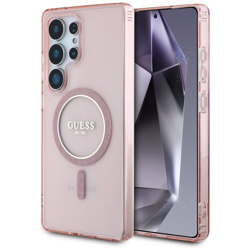 Guess Glitter Circle Classic Logo MagSafe-etui til Samsung Galaxy S25 Ultra – lyserød
