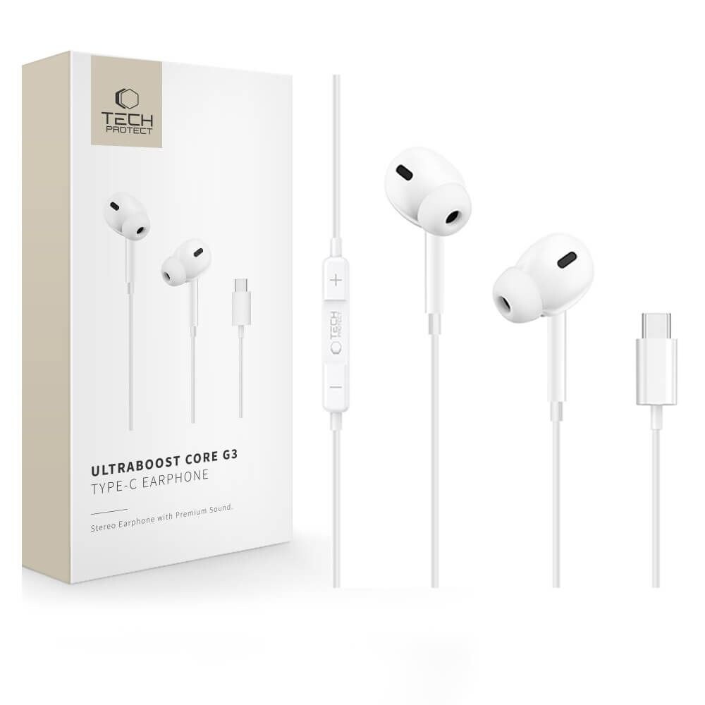 Tech-Protect Ultraboost Core G3 USB-C-hovedtelefoner med ledning – hvid