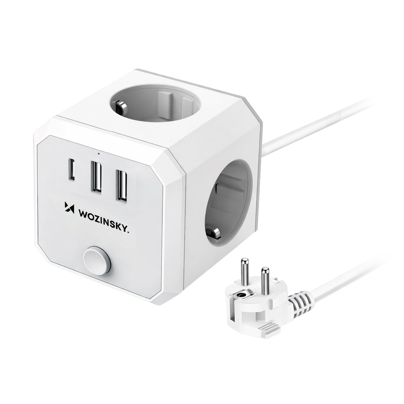 Wozinsky WKZ-3B Power Cube 3x vekselstrøm, 2x USB-A, 1x USB-C, 4000 W med 1,8 m kabel – hvid