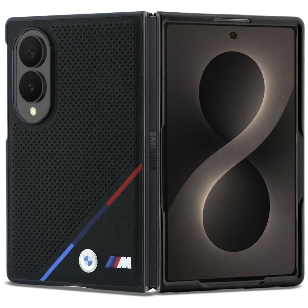 BMW M læderetui m/perforering, trefarvede striber, metal-logoer, MagSafe til Galaxy Z Fold 8 – sort