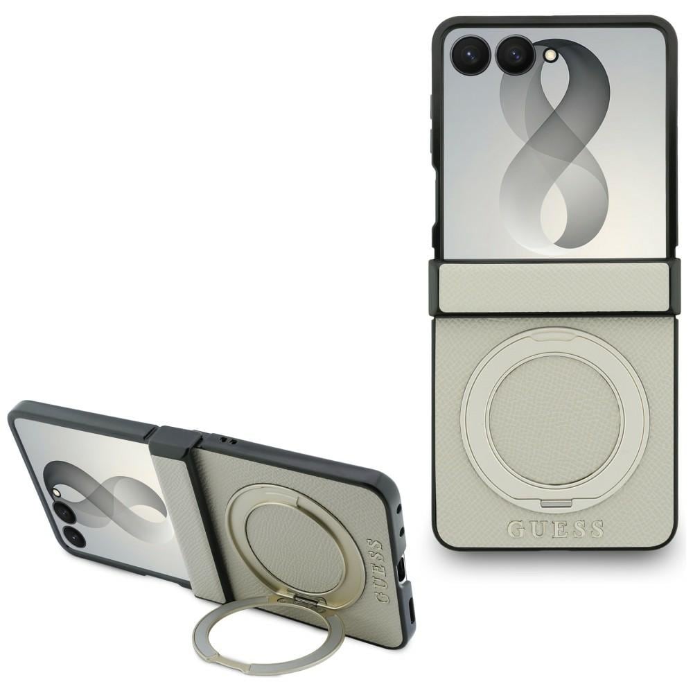 Guess magnetisk ringholder, kornet overflade, Classic-logo – MagSafe-etui Z Flip 8 – beige