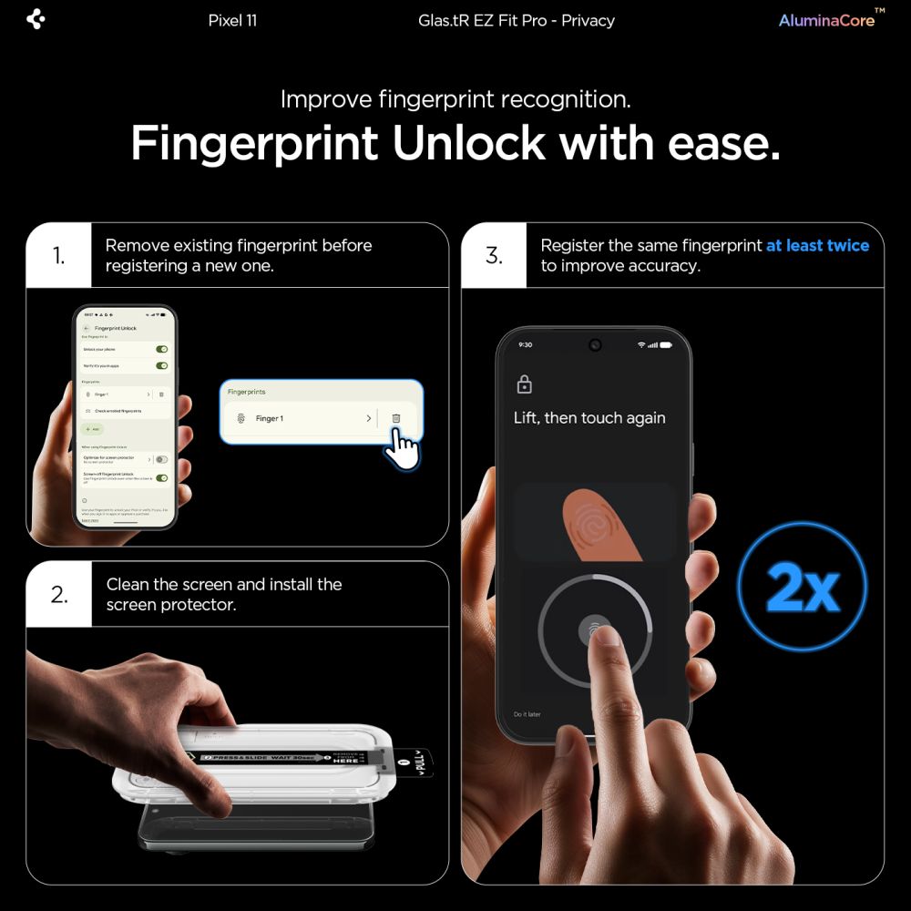 Spigen Glas.tR EZ Fit Pro HD 2-pak med privatlivsbeskyttende hærdet glas til Google Pixel 10/11