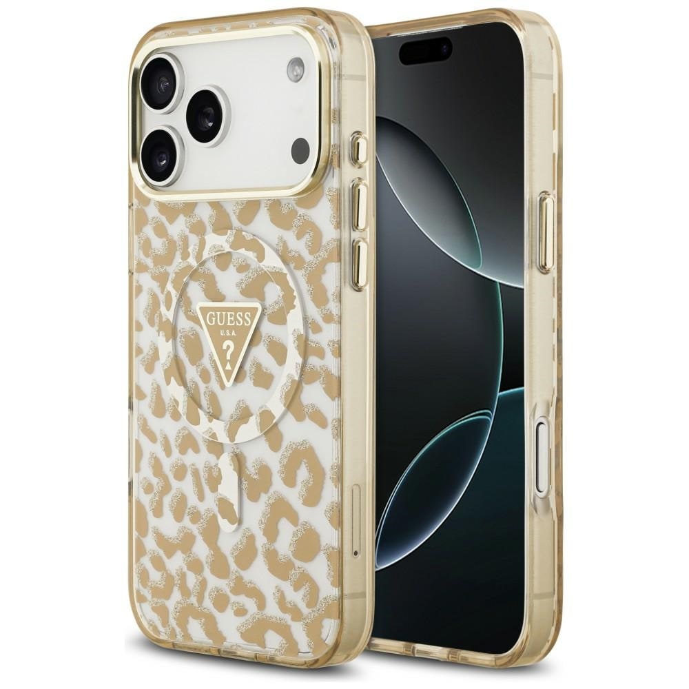 Guess IML Leopard Glitter Triangle Logo MagSafe-etui til iPhone 17 Pro Max / 18 Pro Max – Brun