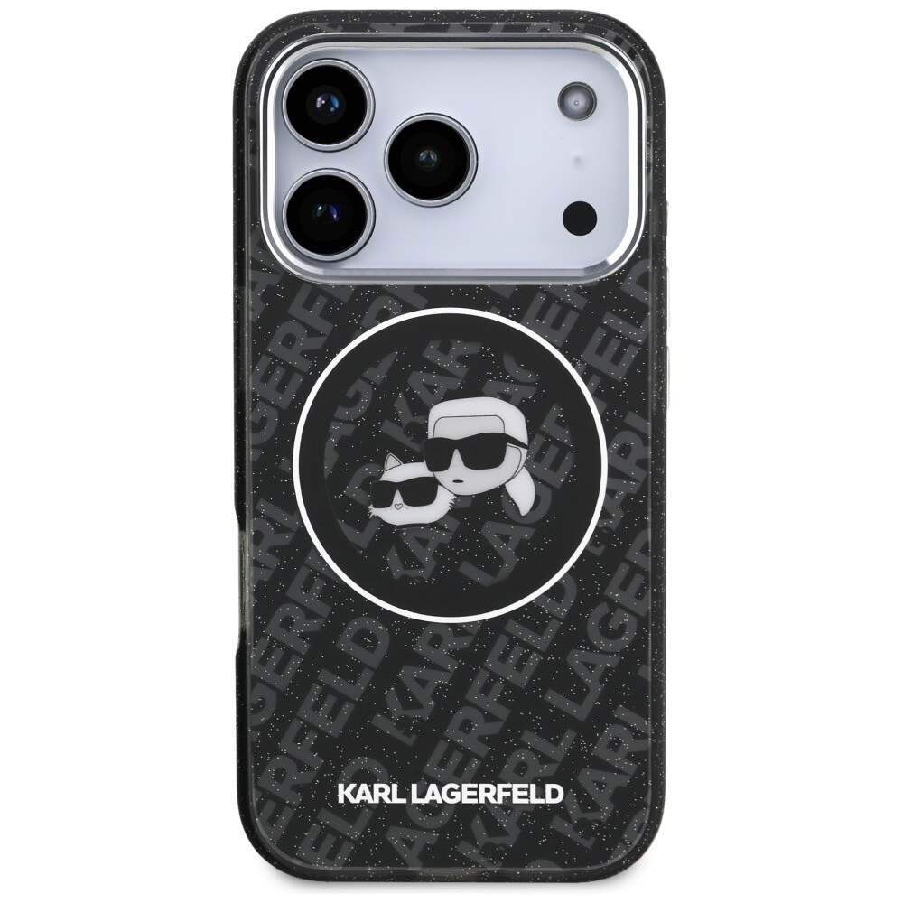 Karl Lagerfeld IML Glitter Karl & Choupette-hoveder-logo MagSafe-etui til iPhone 17 Pro – Sort