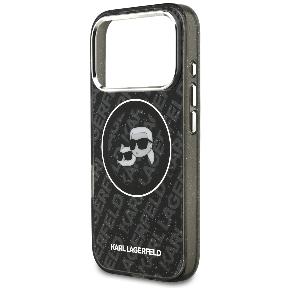 Karl Lagerfeld IML Glitter Karl & Choupette-hoveder-logo MagSafe-etui til iPhone 17 Pro – Sort