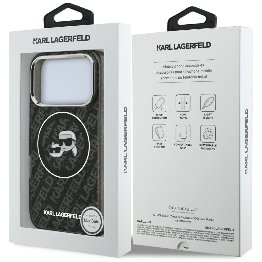 Karl Lagerfeld IML Glitter Karl & Choupette-hoveder-logo MagSafe-etui til iPhone 17 Pro – Sort