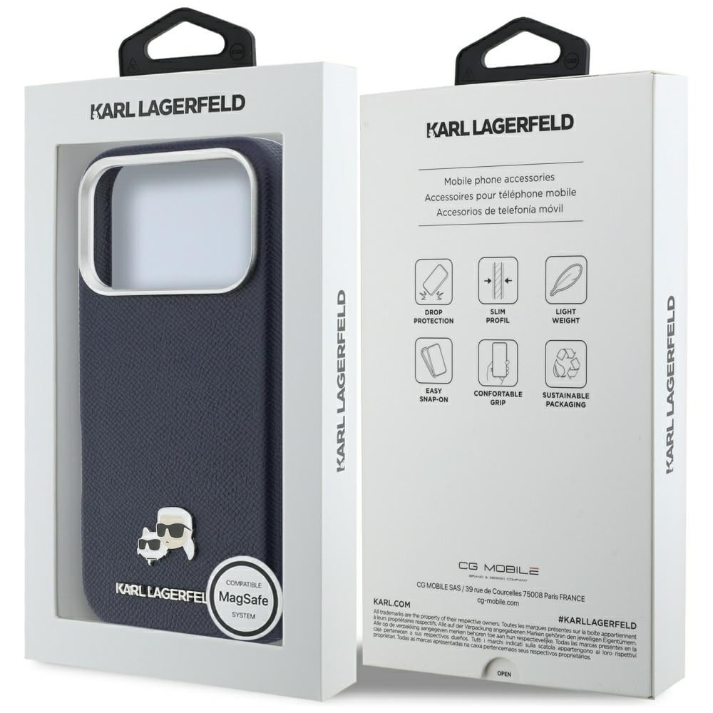 Karl Lagerfeld Karl & Choupette-hovednåle Saffiano MagSafe-etui til iPhone 17 Pro – Blå