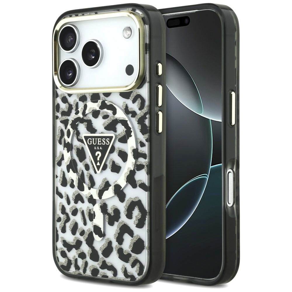 Guess IML Leopard Glitter Triangle Logo MagSafe-etui til iPhone 17 Pro / 18 Pro – Sort