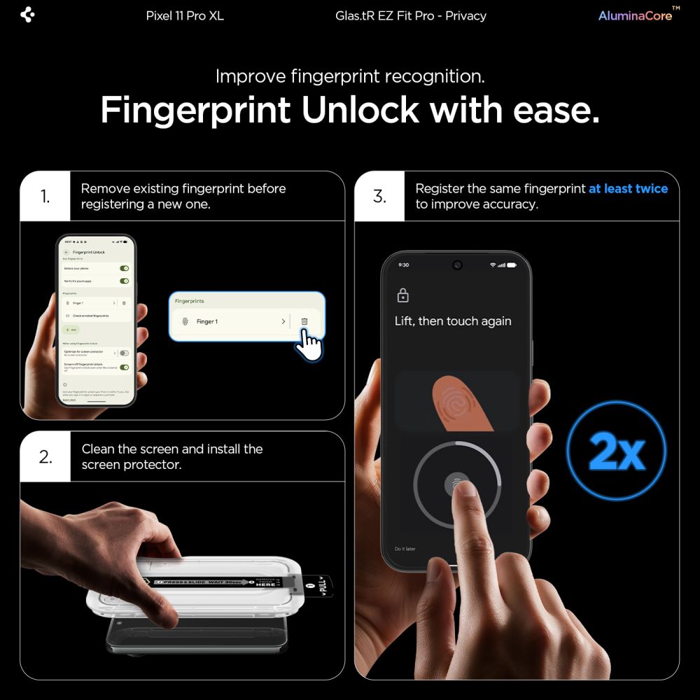 Spigen Glas.tR EZ Fit Pro HD Privacy – 2-pak hærdet glas skærmbeskyttelse til Pixel 9/10/11 Pro XL