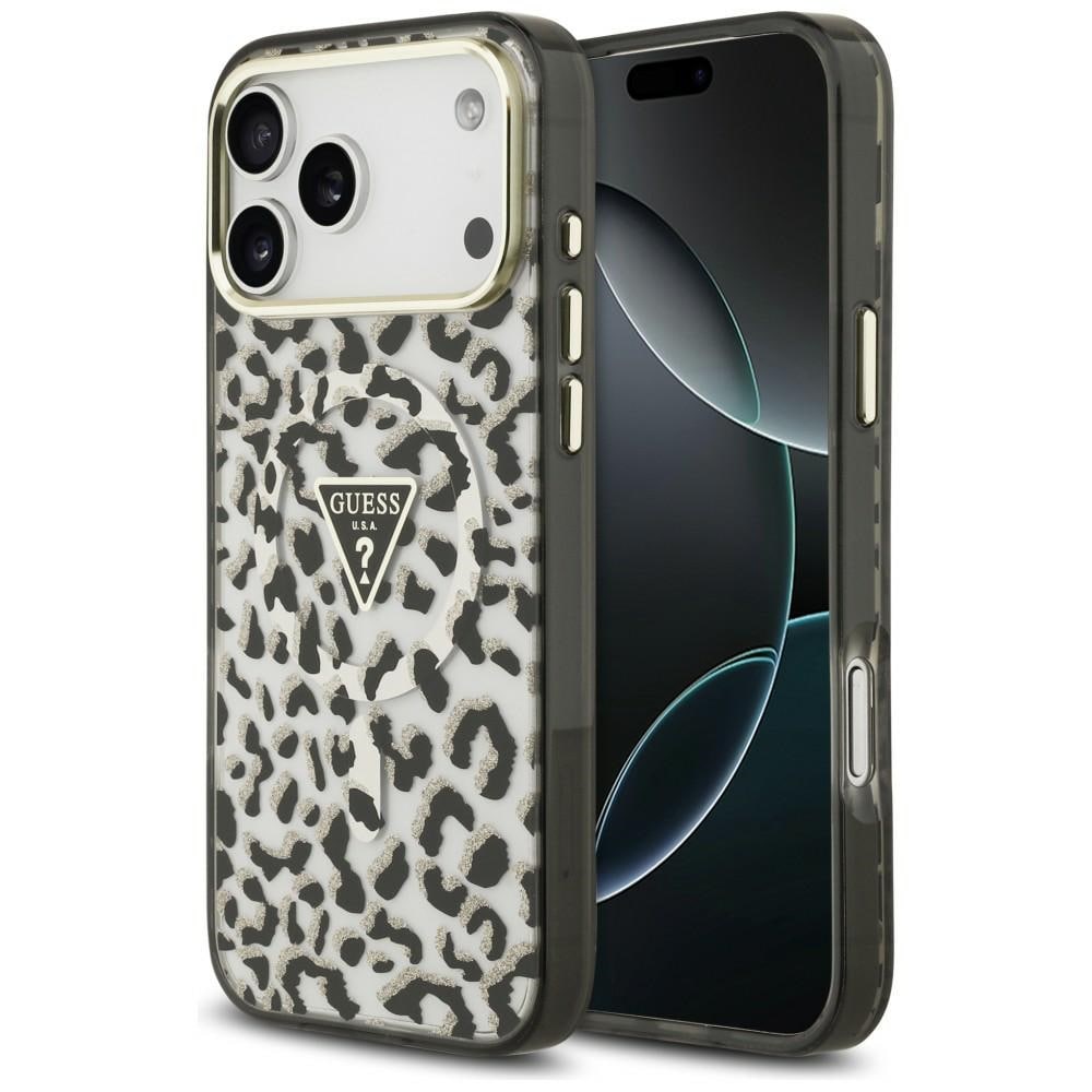 Guess IML Leopard Glitter Triangle Logo MagSafe-etui til iPhone 17 Pro Max / 18 Pro Max – Sort
