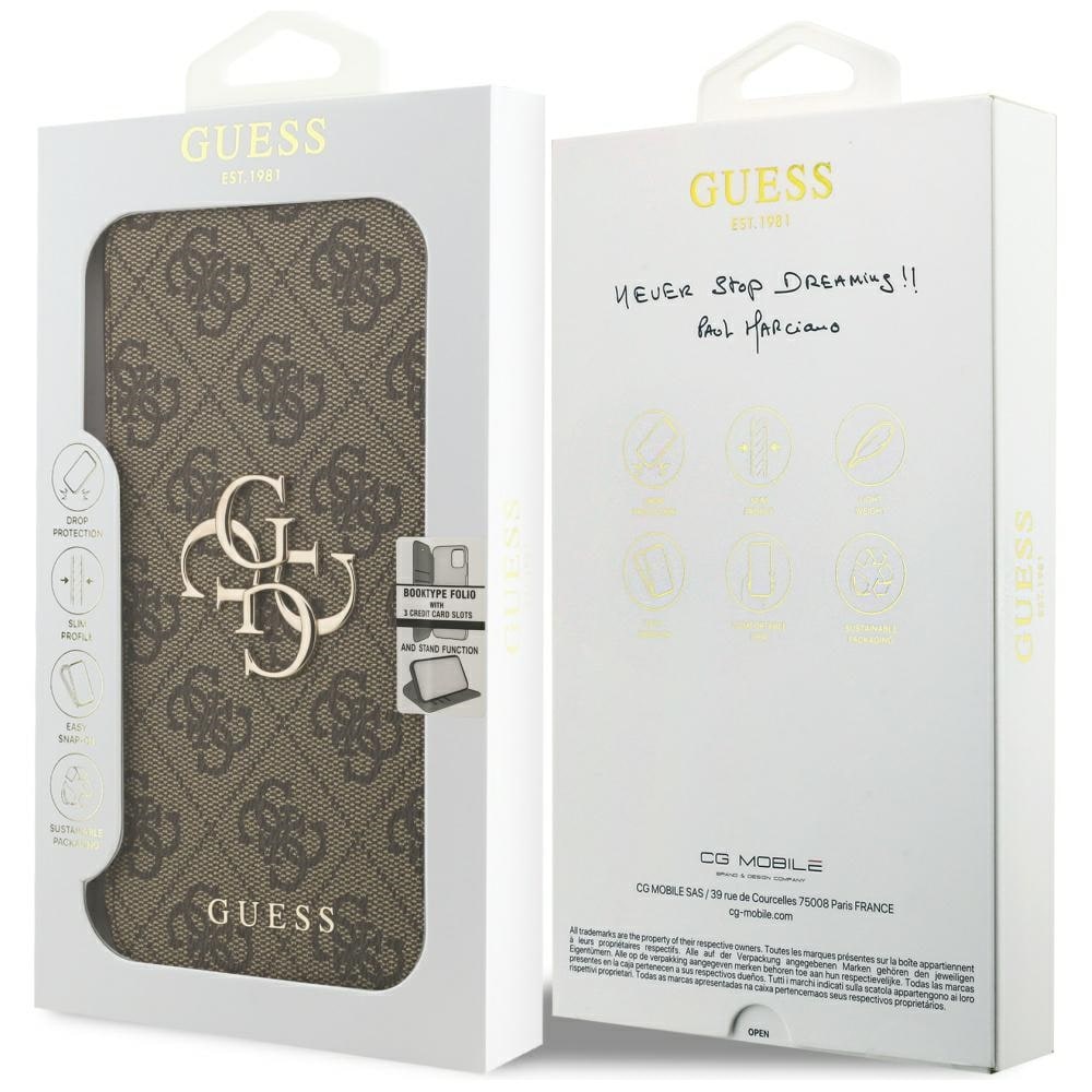 Guess Book 4G metal-logo-etui til iPhone 18 Pro Max / 17 Pro Max – brun