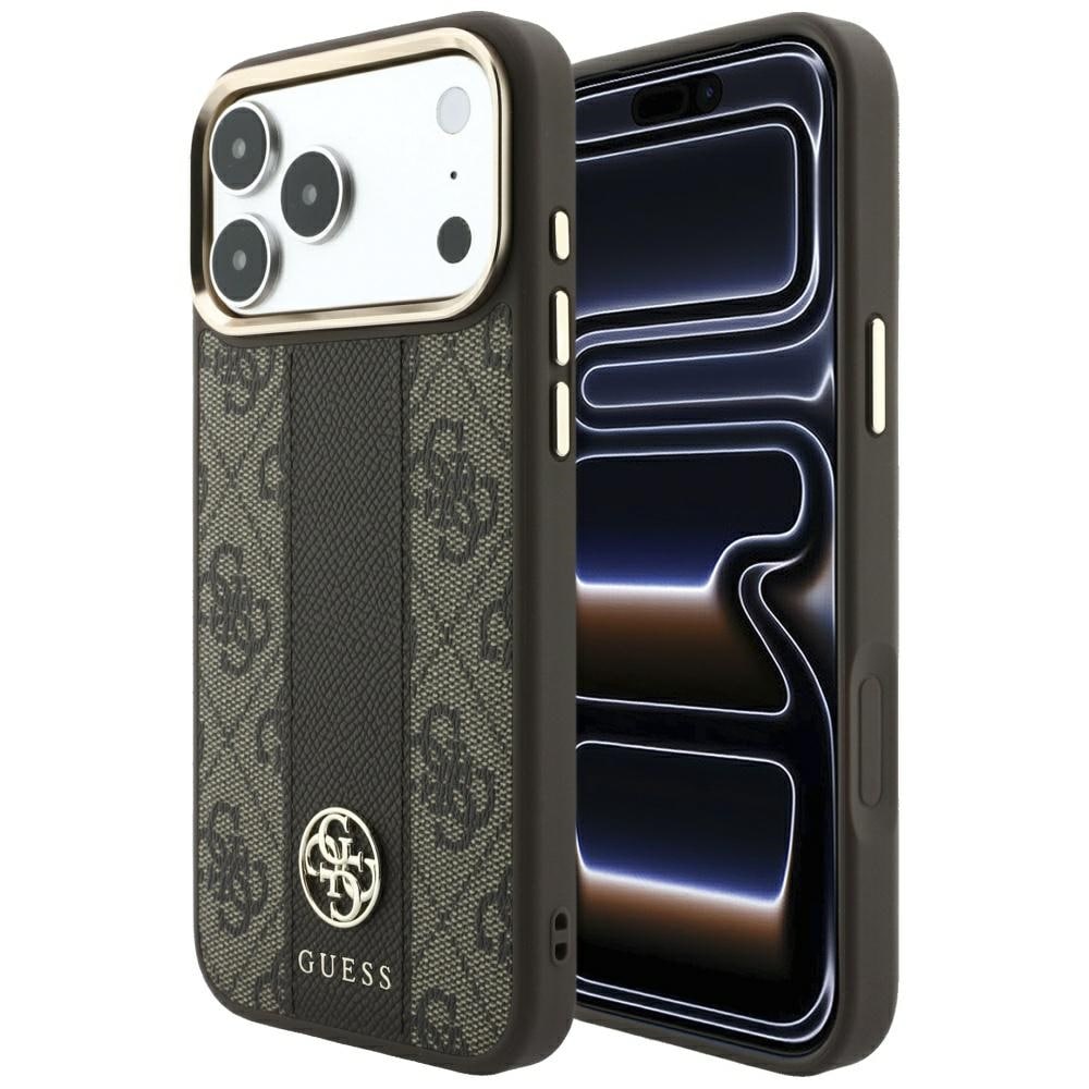 Guess 4G med Stripe-logoer i rund og Classic-udgave – MagSafe-etui til iPhone 17 Pro / 18 Pro – Brun