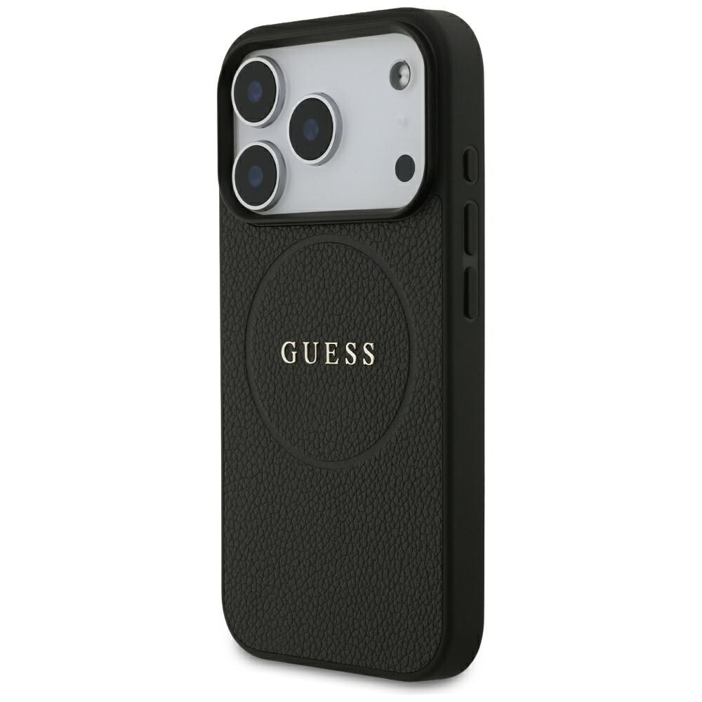 Guess MagSafe-etui med guldring i kornet finish til iPhone 18 Pro / 17 Pro – Sort