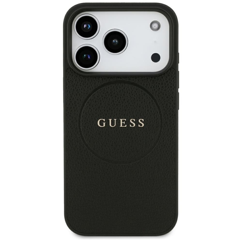 Guess MagSafe-etui med guldring i kornet finish til iPhone 18 Pro / 17 Pro – Sort