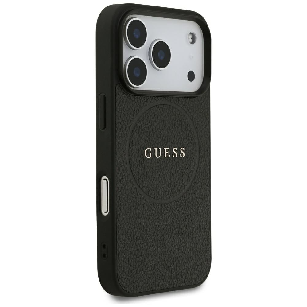 Guess MagSafe-etui med guldring i kornet finish til iPhone 18 Pro / 17 Pro – Sort