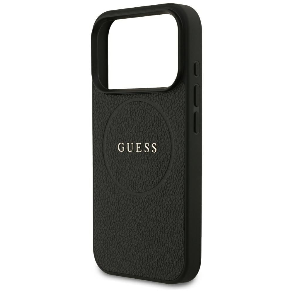 Guess MagSafe-etui med guldring i kornet finish til iPhone 18 Pro / 17 Pro – Sort