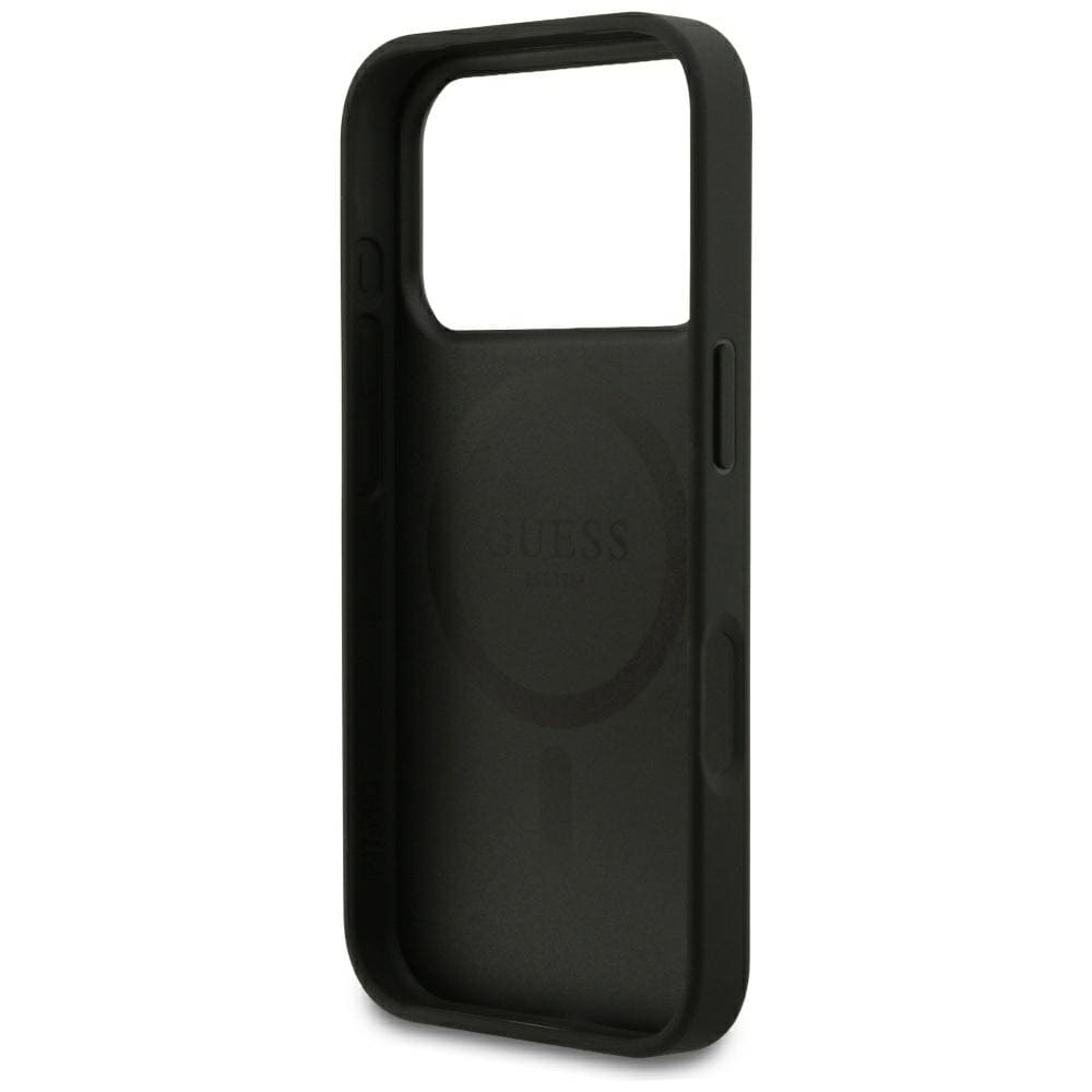 Guess MagSafe-etui med guldring i kornet finish til iPhone 18 Pro / 17 Pro – Sort