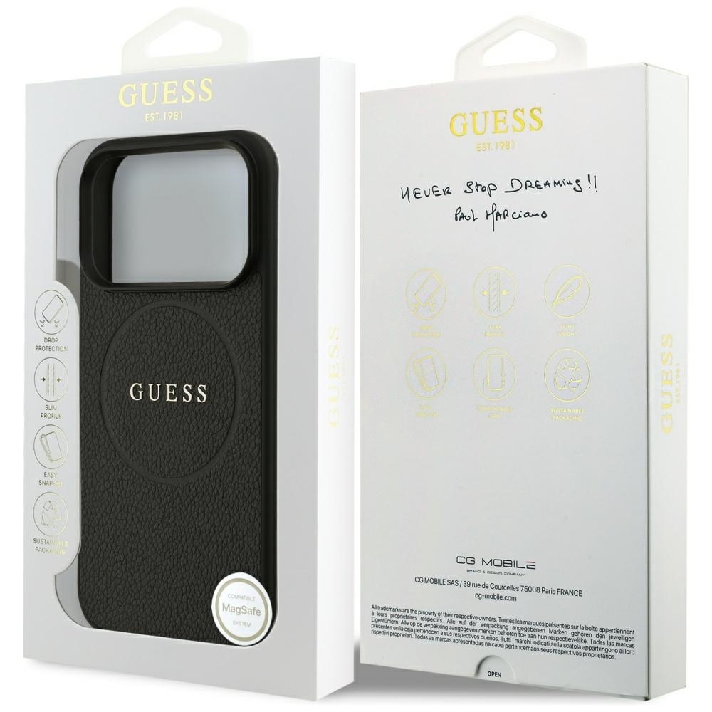 Guess MagSafe-etui med guldring i kornet finish til iPhone 18 Pro / 17 Pro – Sort