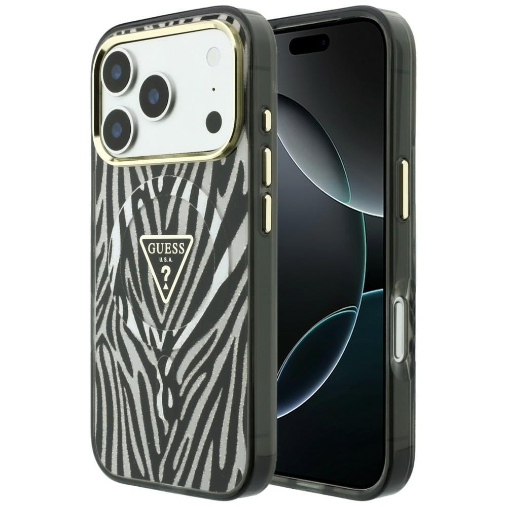 Guess IML Zebra Glitter Triangle Logo MagSafe-etui til iPhone 18 Pro / 17 Pro – Sølv