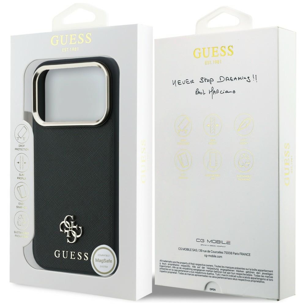 Guess Saffiano Small 4G & Classic Logo MagSafe-etui til iPhone 17 Pro Max / 18 Pro Max – Sort