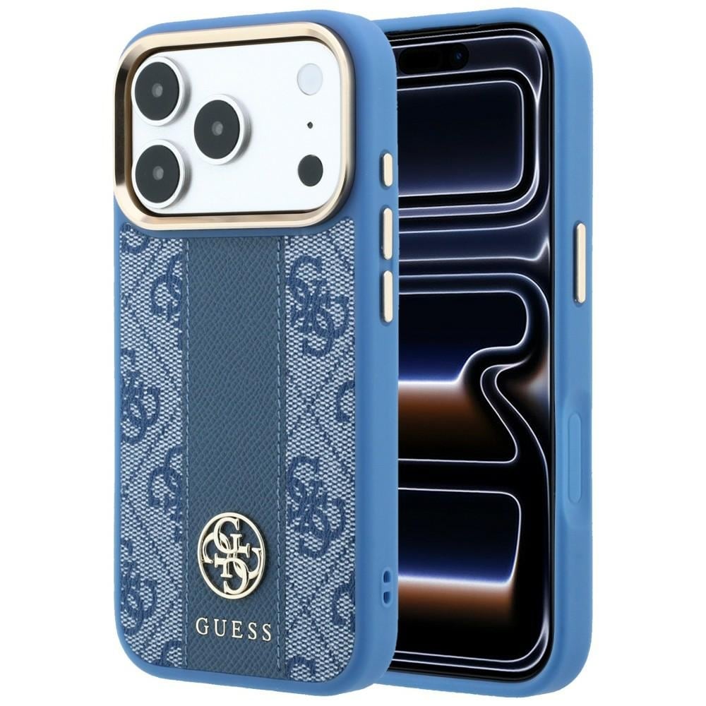 Guess 4G m. Stripe-logoer (runde & Classic) – MagSafe-etui til iPhone 17/18 Pro Max – Blå