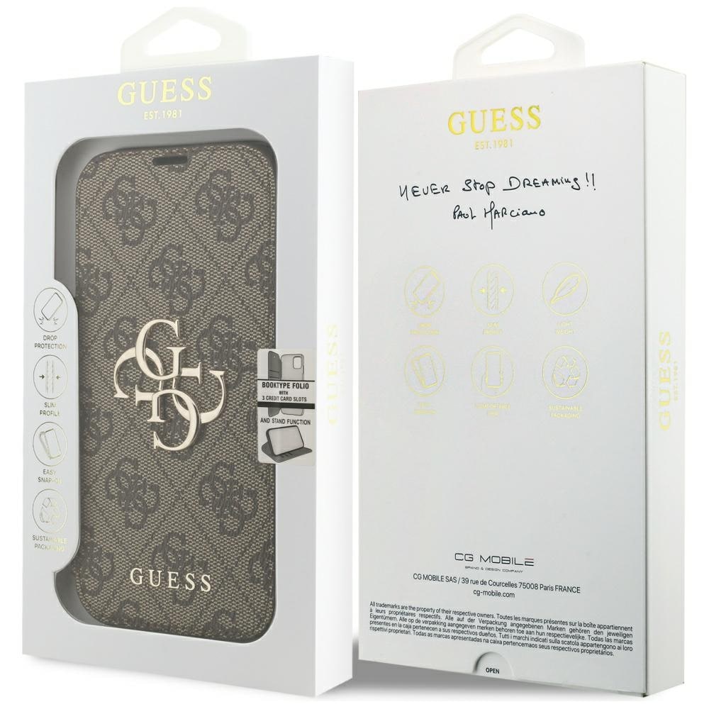 Guess Book 4G metal-logo-etui til iPhone 18 Pro / 17 Pro – brun