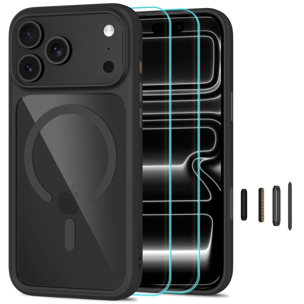 Tech-Protect MagOne CC MagSafe-etui + hærdet glas (2-pak) til iPhone 18 Pro / 17 Pro – Klar sort