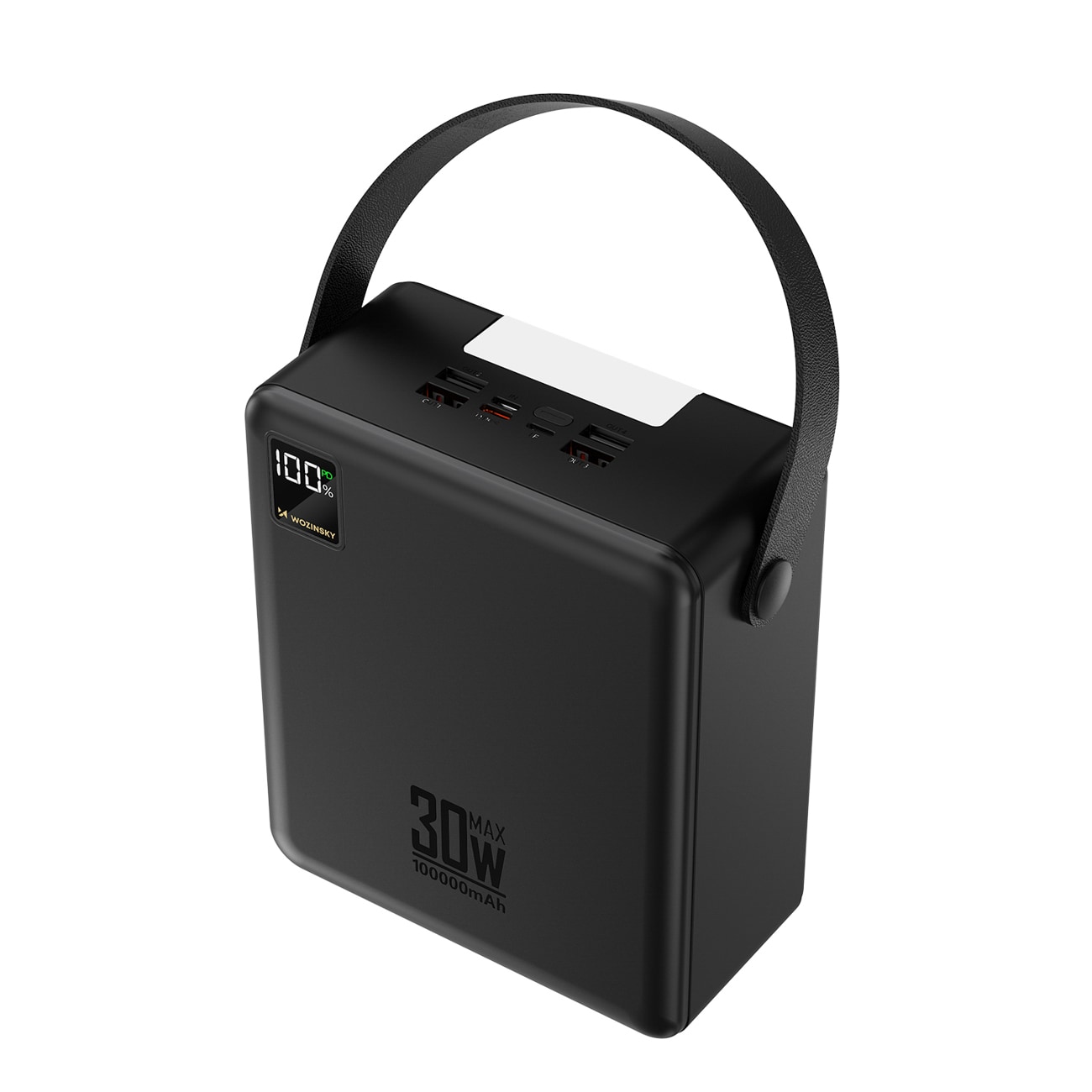 Wozinsky W8-B 100.000 mAh 30 W powerbank med 2 x USB-A og 2 x USB-C samt lommelygte – sort
