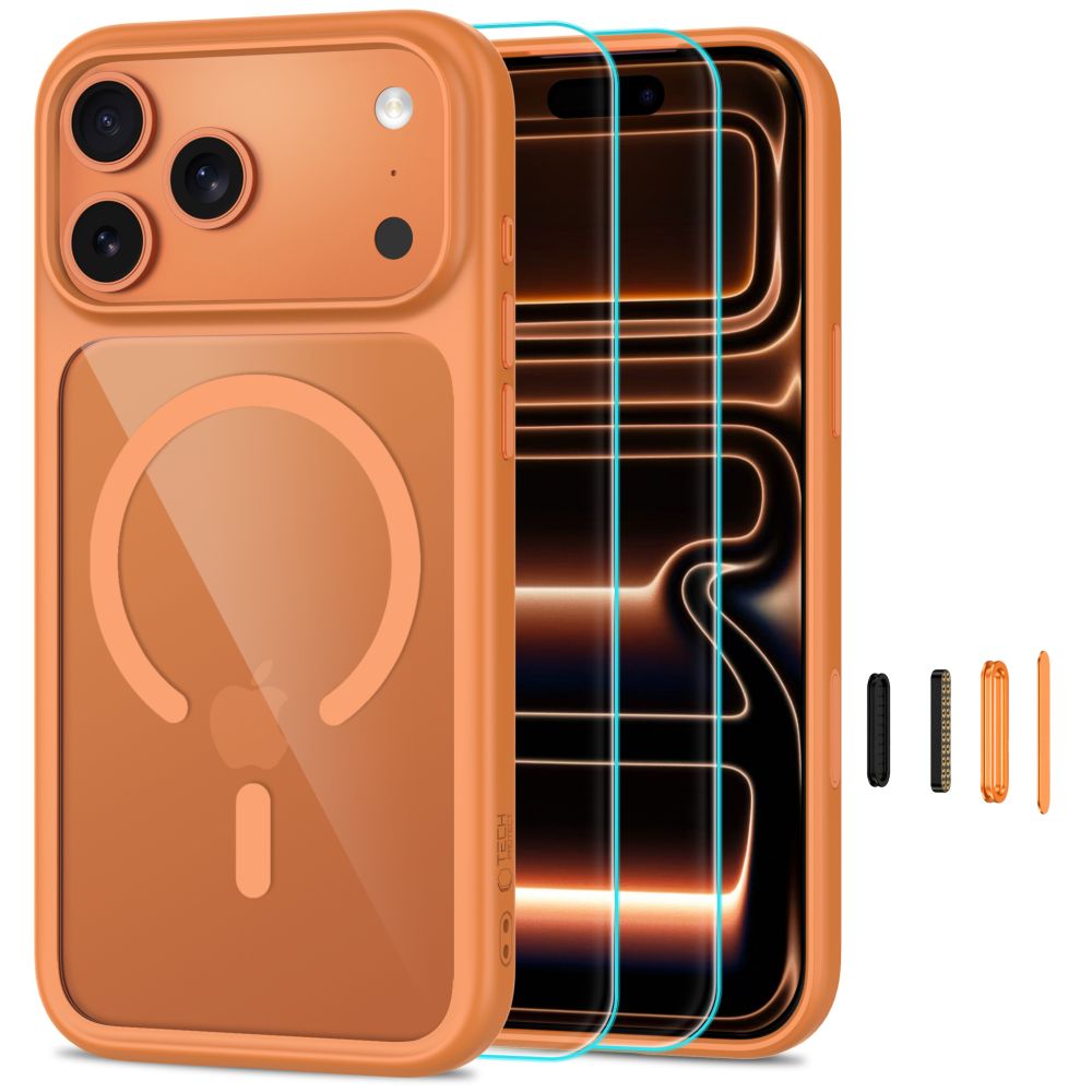 Tech-Protect MagOne CC MagSafe-etui + hærdet glas (2-pak) til iPhone 18/17 Pro Max – orange