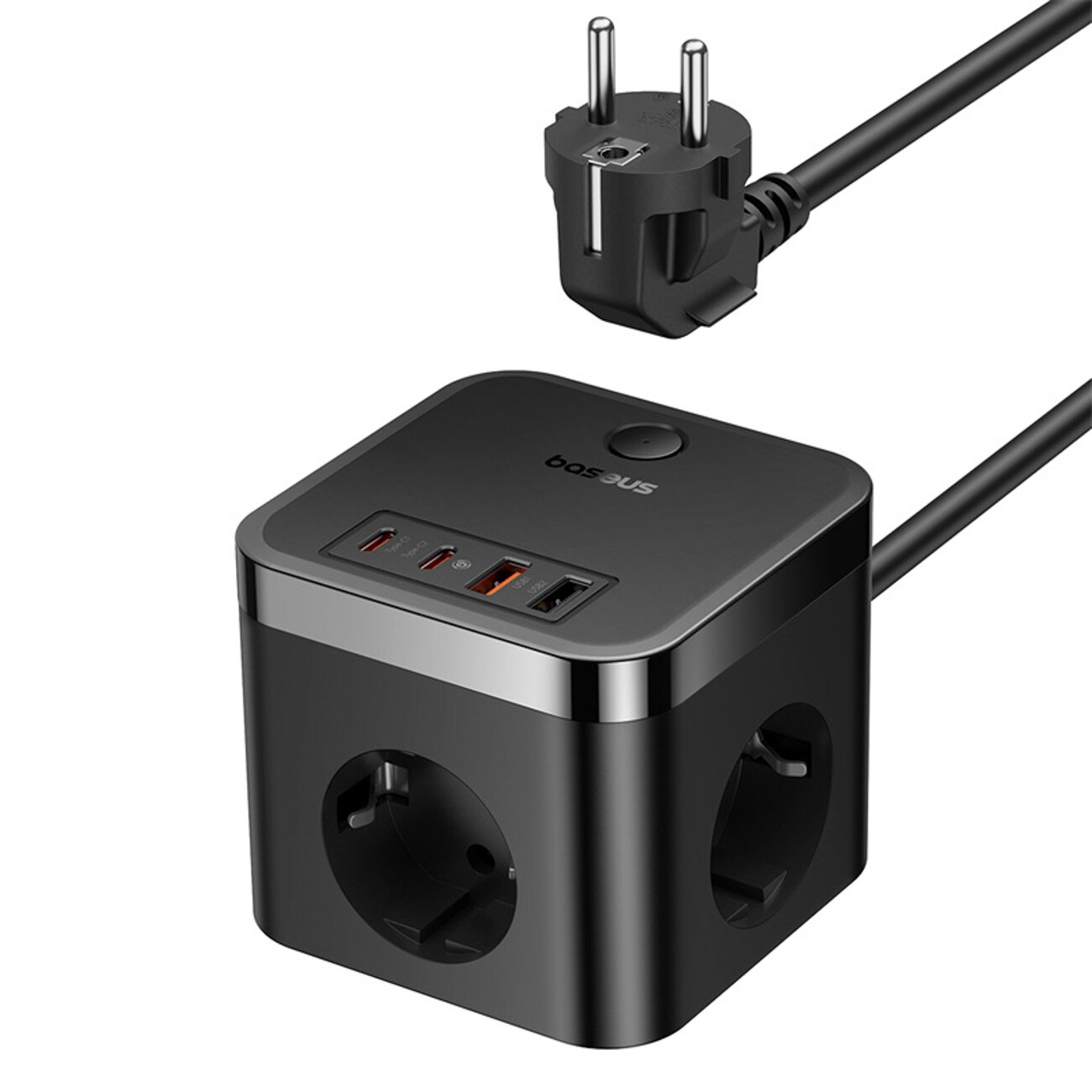 Baseus PowerCombo Cube 30 W stikdåse: 3 stikkontakter, 2 USB-A, 2 USB-C, 1,5 m – sort