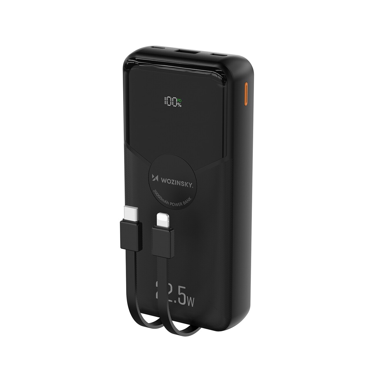 Wozinsky WFC-15B 20.000 mAh 22,5 W PD20W powerbank med indbyggede Lightning- og USB-C-kabler – sort