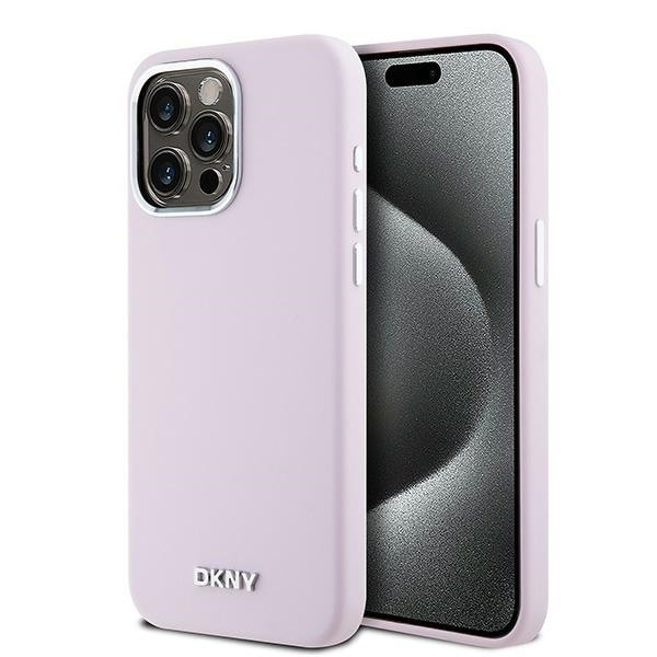 DKNY MagSafe-etui i flydende silikone med lille metal-logo til iPhone 15 Pro Max – lyserød