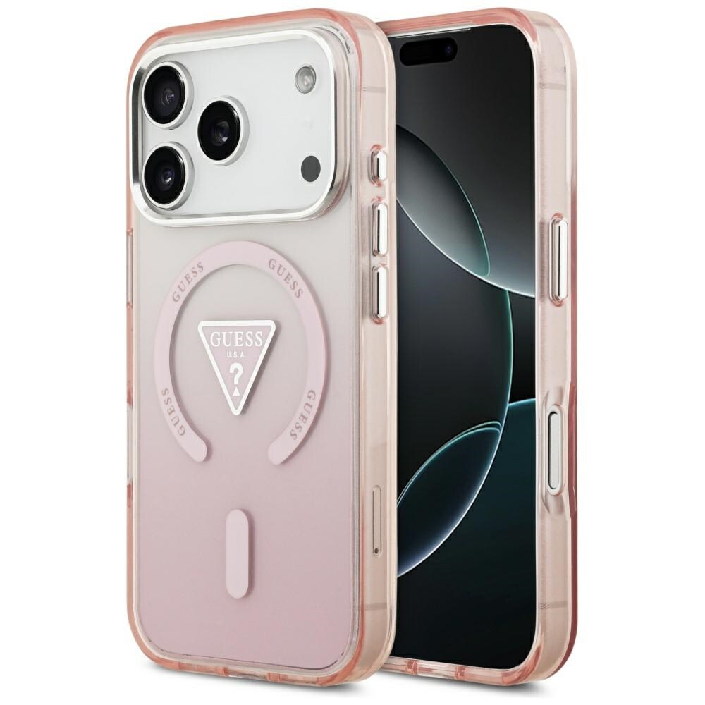 Guess IML-etui med gradient-trekantlogo og MagSafe til iPhone 17 Pro – lyserød