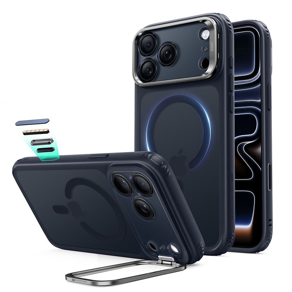 ESR Classic Hybrid-etui med støttefod og MagSafe til iPhone 18 Pro / 17 Pro – marineblå