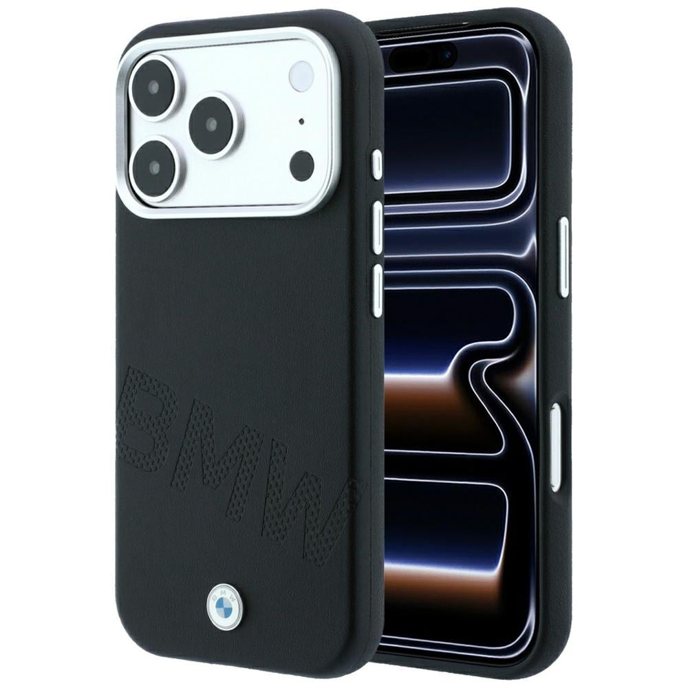 BMW-logo med skråtstillede, præget bogstaver – MagSafe-etui til iPhone 17 Pro / 18 Pro – Sort
