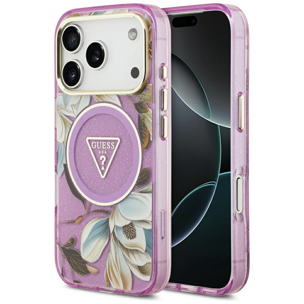 Guess IML Glitter Flowers trekantet MagSafe-etui til iPhone 17 Pro / 18 Pro – Lilla