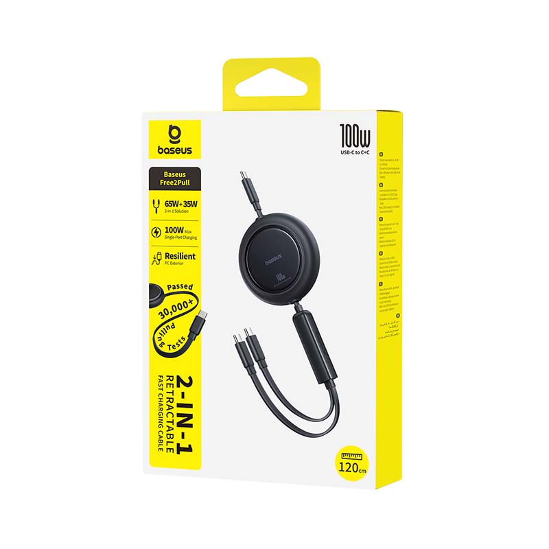 Baseus Free2Pull Mini 100 W 3-i-1 USB-C-kabel med indtrækkelig ledning – 2 x USB-C, 1,2 m – sort