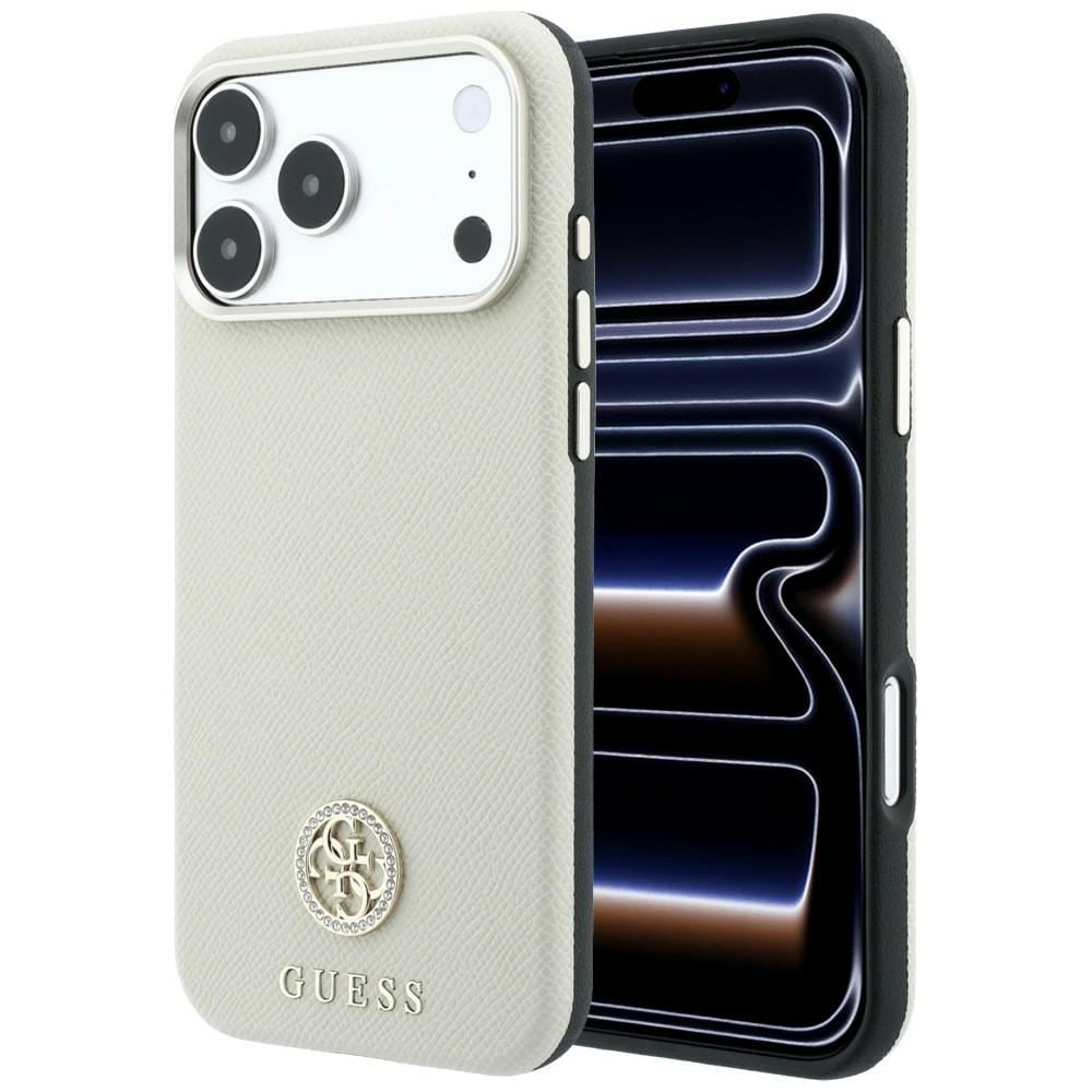 Guess MagSafe-etui m. struktureret overflade, runde strass-sten & logo til iPhone 18/17 Pro – beige