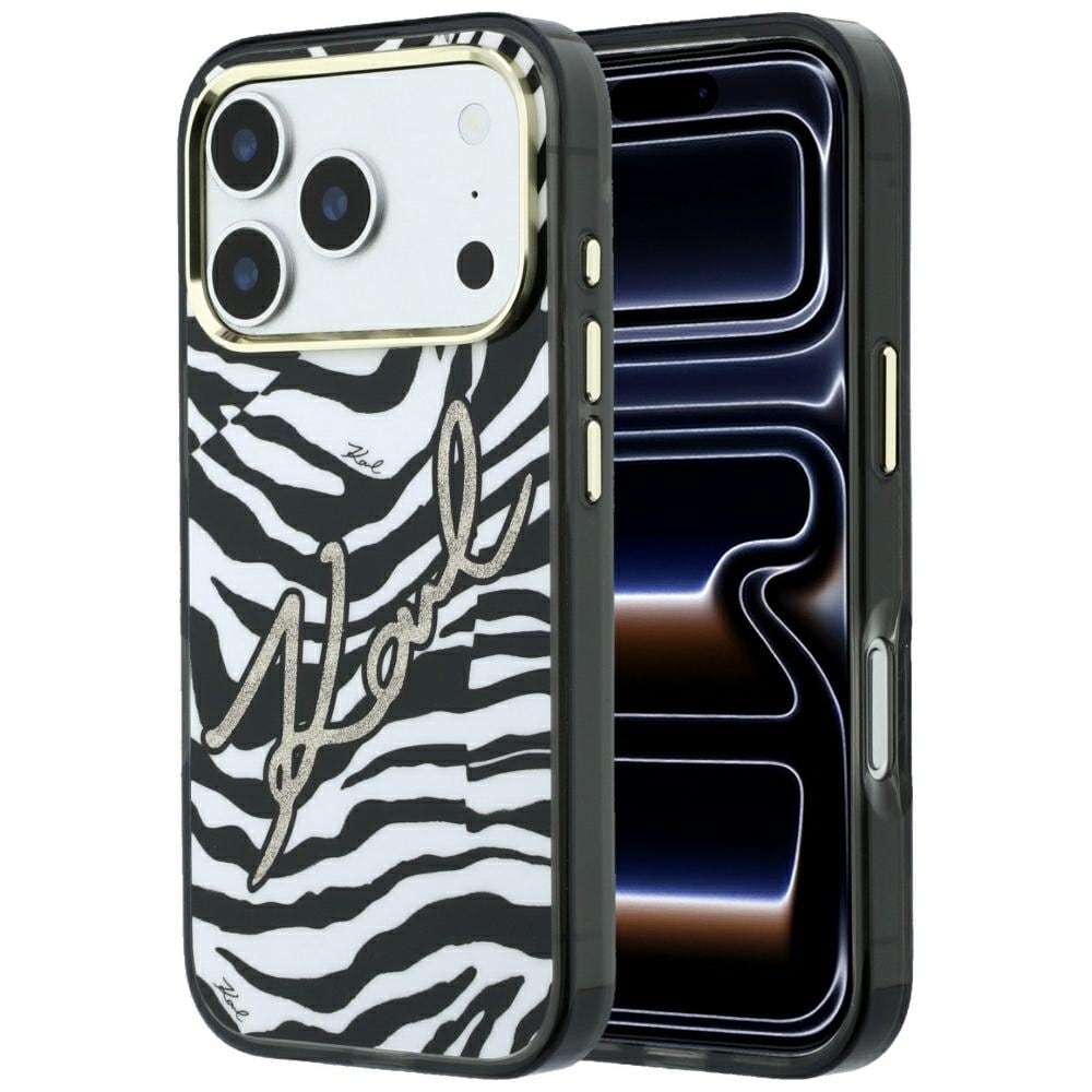 Karl Lagerfeld IML Signature Zebra Glitter MagSafe-etui til iPhone 17 Pro / 18 Pro – Guld
