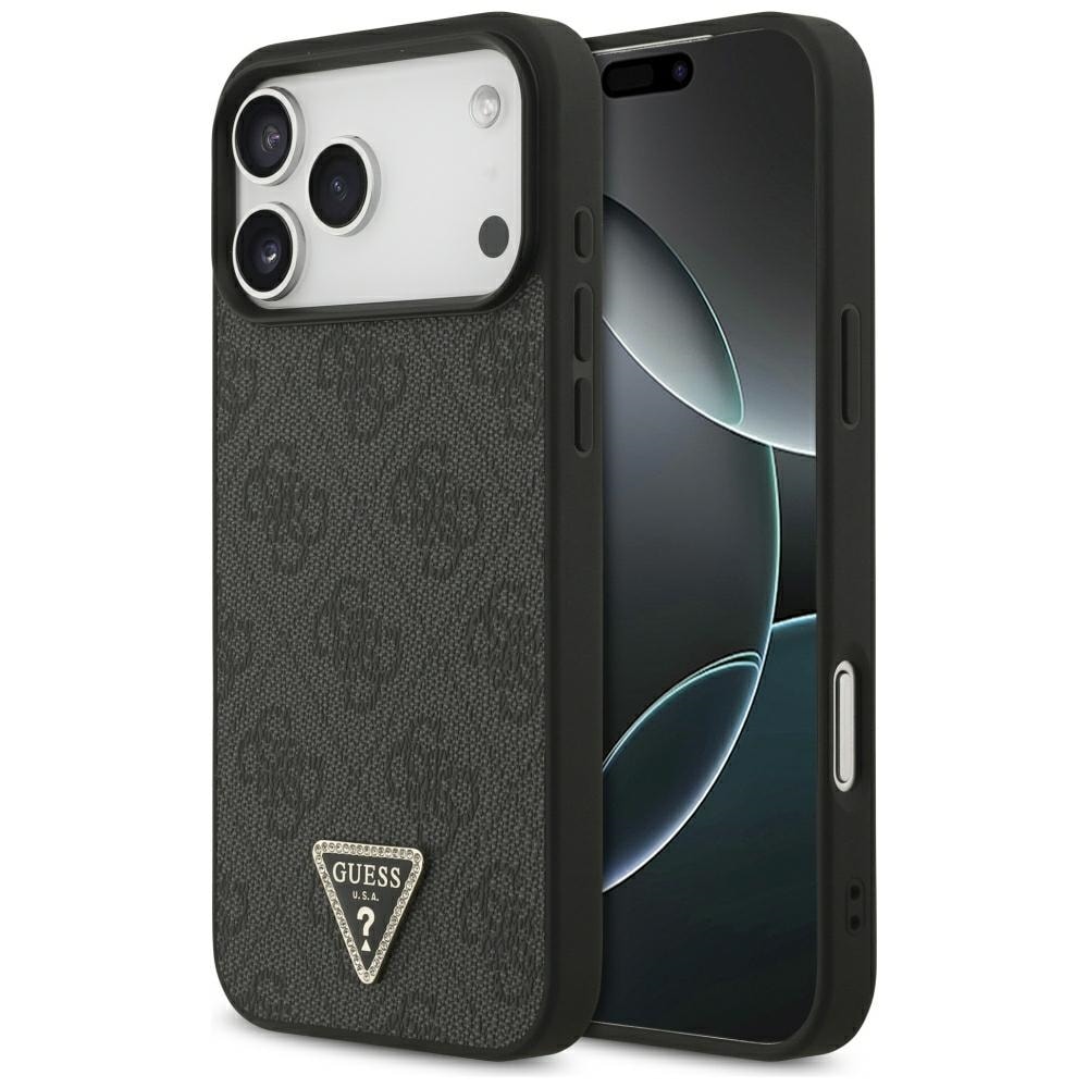 Guess Leather 4G Triangle Strass MagSafe-etui til iPhone 17 Pro Max / 18 Pro Max – Sort