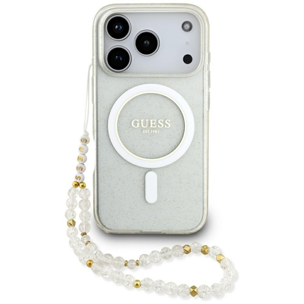 Guess IML MagSafe-etui med glitter-perlemorsrem til iPhone 17 Pro – gennemsigtigt