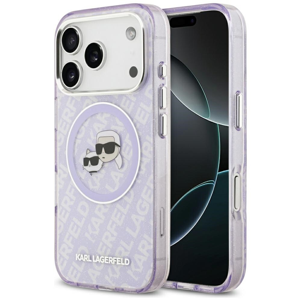 Karl Lagerfeld IML-glitter-etui med Karl & Choupette-logo og MagSafe til iPhone 17 Pro – Lilla