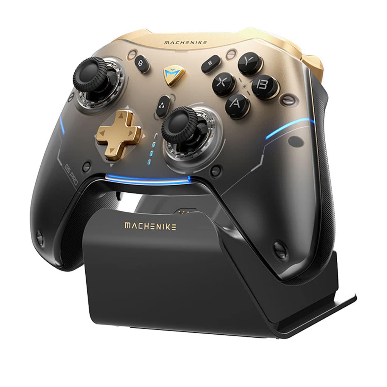 Machenike G5Pro – trådløs flagskibs-gamecontroller m. gyro, opladestation & knapkonfig. – sort/guld