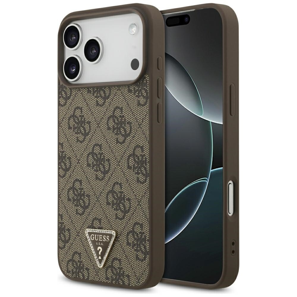 Guess Leather 4G Triangle Strass MagSafe-etui til iPhone 17 Pro Max / 18 Pro Max – Brun
