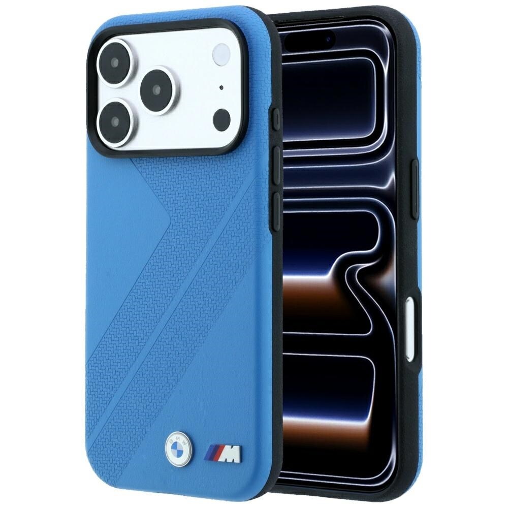 BMW M-dæk med banemotiv og metal-logo – MagSafe-etui til iPhone 18 Pro Max / 17 Pro Max – Blå