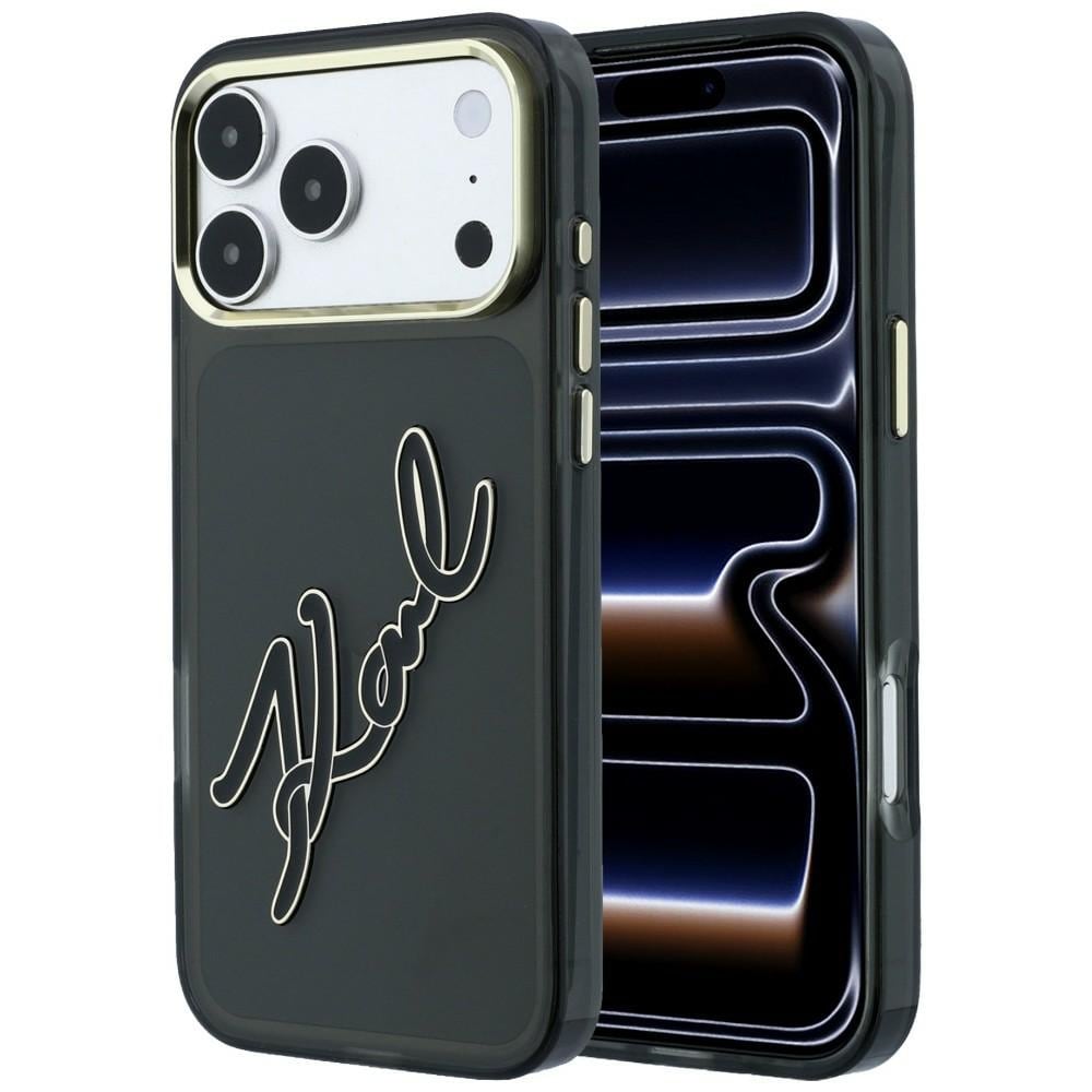 Karl Lagerfeld IML Big Signature-etui i resin og metal til iPhone 18 Pro / 17 Pro – Sort
