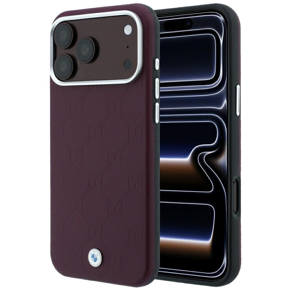 BMW Sign MagSafe-etui med præget, quiltet metal-logo til iPhone 18 Pro / 17 Pro – burgunder