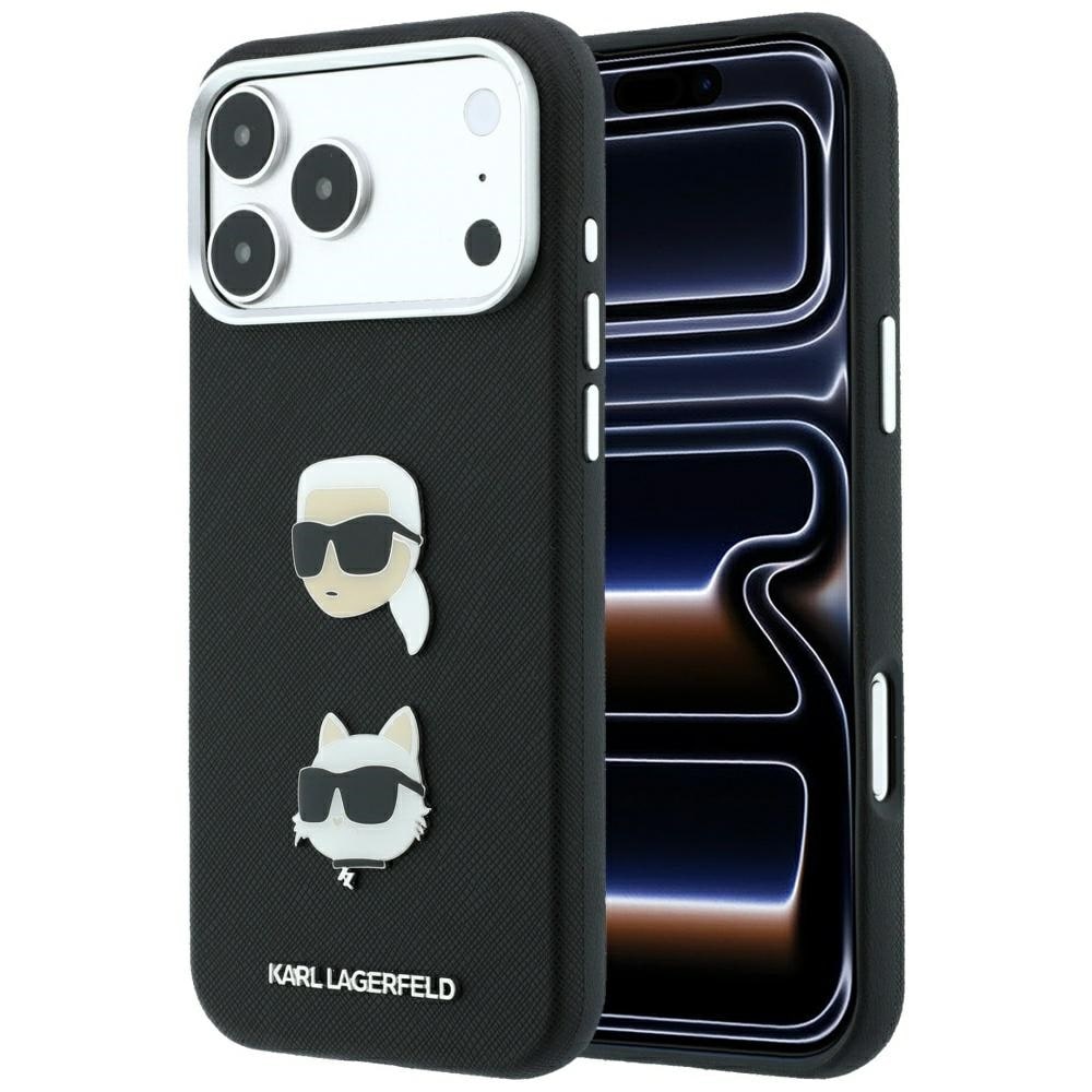 Karl Lagerfeld Saffiano-etui med pins (Karl & Choupette) + logo til iPhone 18/17 Pro Max – Sort