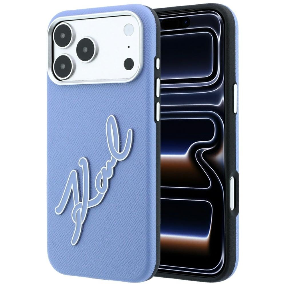 Karl Lagerfeld glat, stort etui med signaturlogo i harpiks til iPhone 18 Pro / 17 Pro – Blå